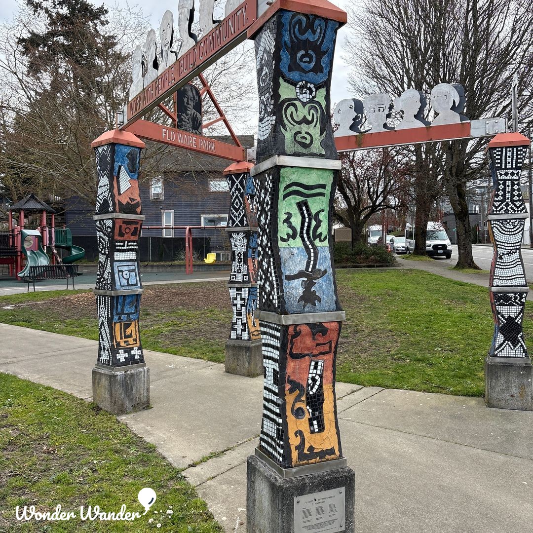 WonderwanderArt's tweet photo. Seattle's Leschi neighborhood is home to a mosaic marvel. The Flo Ware Park pillars by Coyote Central are covered in global textile patterns—geometric crosses, spiraling waves, animal figures. Pure visual joy. #PublicArt #Seattle #MosaicArt https://t.co/G7l1R03fYL https://t.co/uywPZQdAzn