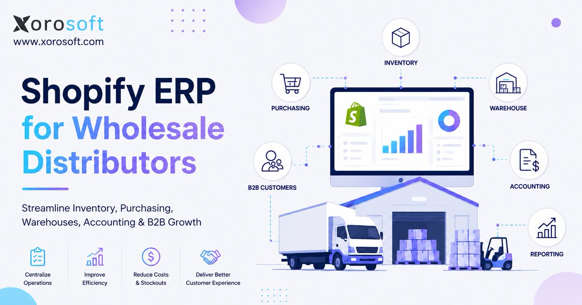 Xorosoft's tweet photo. Shopify can scale orders faster than the back office can handle.

ERP helps wholesale distributors connect inventory, purchasing, warehouse, finance, and reporting before stockouts pile up.

Read: https://t.co/d2lnNZacvD

#ShopifyERP https://t.co/6p9M25i0ne