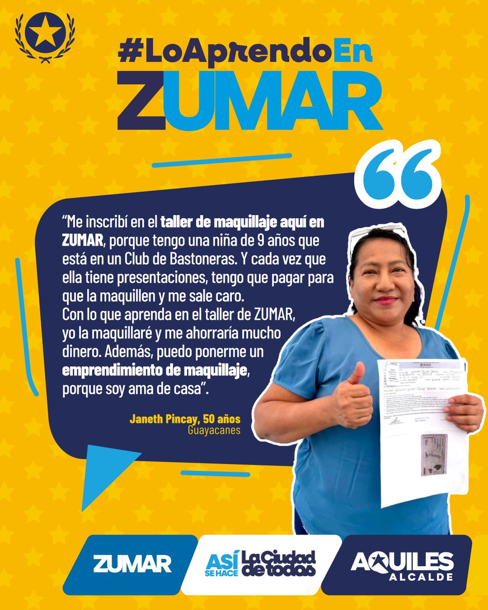 ZumarGye's tweet photo. Cuando JANETH PINCAY se enteró del Taller de Maquillaje en ZUMAR, no dudó en inscribirse, porque era su oportunidad para ahorrarse dinero.
La Alcaldía de Guayaquil brinda oportunidades y capacitación gratuita, a través de ZUMAR, en la #CiudadDeTodos, porque #AsíSeHaceGuayaquil. https://t.co/pjlFfVyZkh
