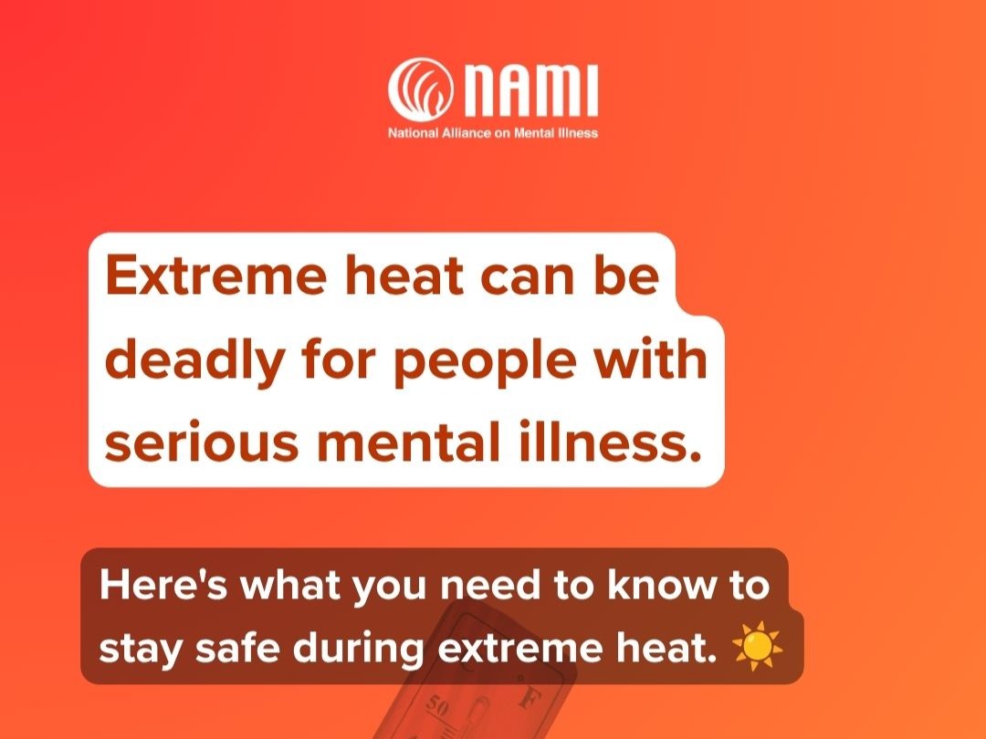 NAMICommunicate's tweet photo. Extreme heat can be especially dangerous for people living with serious mental illness.

Swipe for tips on staying safe, recognizing the warning signs of heat-related illness and protecting yourself during hot weather.

Remember: Never stop taking your medication because of hot weather. If you have concerns, talk with your prescribing health care provider.

Need support or have questions about mental health? The NAMI HelpLine is here to help.
-  Call: 1-800-950-NAMI (6264)
- Text: "HelpLine" to 62640
- Explore: https://t.co/rhZfAx9xuP
📞 💬💻