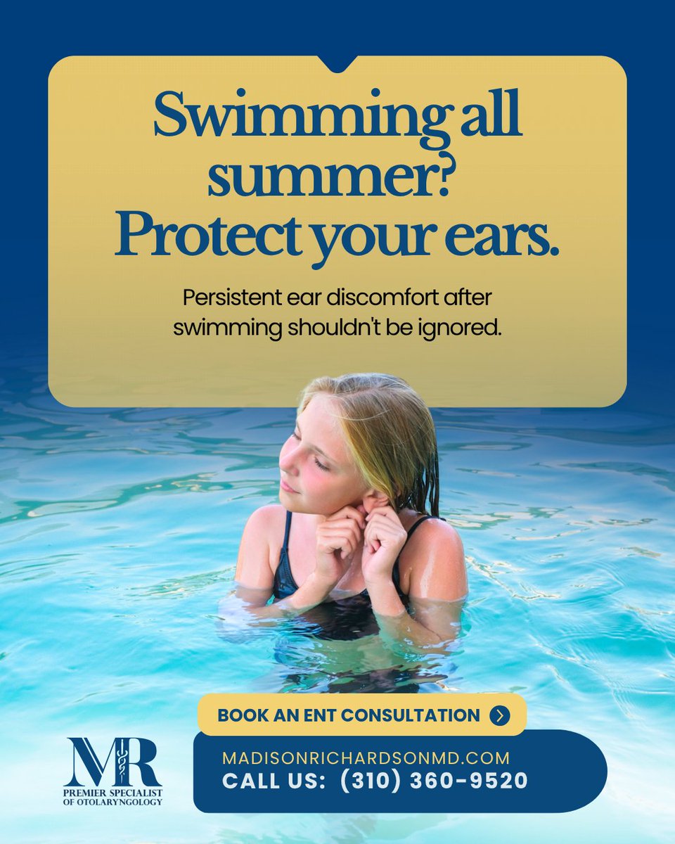 MadisonFRichard's tweet photo. Protect your ears this summer.

Persistent ear pain or discomfort after swimming could be swimmer's ear. Get it checked before it gets worse.

📞 (310) 360-9520

#SwimmersEar #ENT #EarHealth https://t.co/M111NemeNq