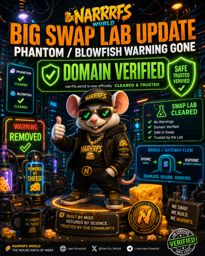 narrrf12345's tweet photo. 🧀 BIG TRUST MILESTONE FOR NARRRFS WORLD 🐭

The @phantom  / @blowfishxyz warning is now gone from https://t.co/QqKnoXLmQW ✅

Huge thanks to the support Team, our partners, supporters & MouseGang for helping us push through the domain review.

SPOINC / DSPOINC flow keeps moving.

🌉 Swap Lab:
https://t.co/0Z60UKGuGn
🪙 SPOINC:
https://t.co/xt13slV1Ow

No trust, no cheese.
More trust, more cheese. 🧀🐭
#NarrrfsWorld #SPOINC #Solana #GameFi