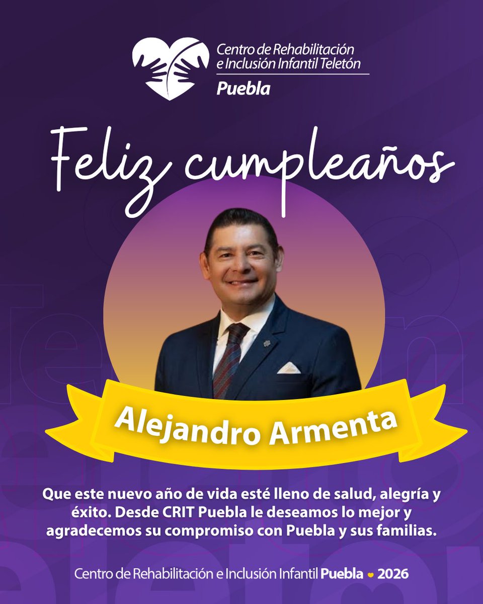 CRITPuebla's tweet photo. 🎉💜 Hoy celebramos el cumpleaños del Gobernador Alejandro Armenta.

Le deseamos un año lleno de salud, bienestar y grandes logros. Agradecemos su compromiso con las familias poblanas y su respaldo a las acciones que promueven una sociedad más incluyente.
@armentapuebla_ https://t.co/lz8Q98A5Dk