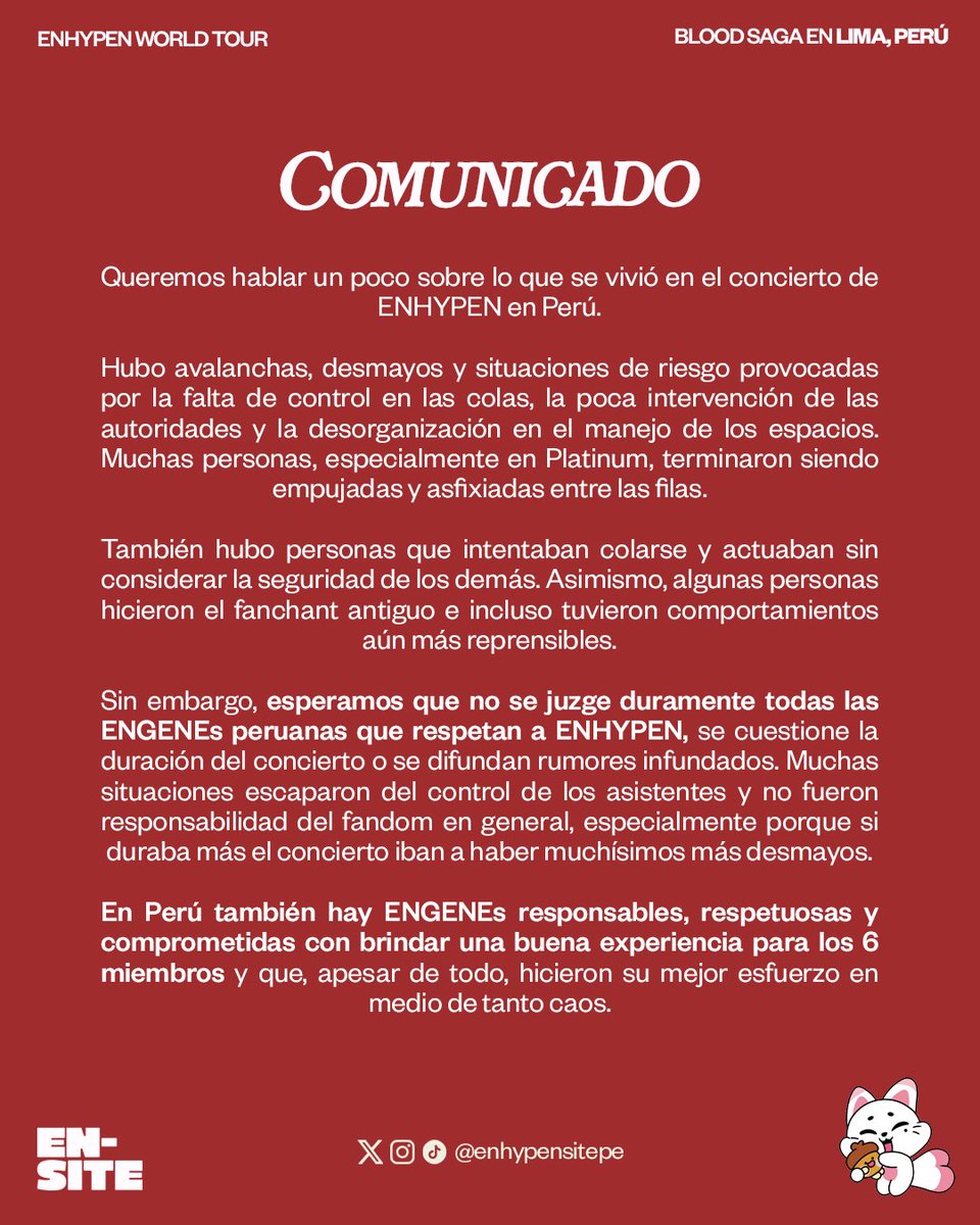 enhypensitepe's tweet photo. Nos pronunciamos sobre la situación actual tras el BLOOD SAGA TOUR en Lima 🇵🇪🙏🏻

Y como siempre, gracias a todas las personas que respetan y aman a nuestros 6 miembros. https://t.co/KEsF98qYEg
