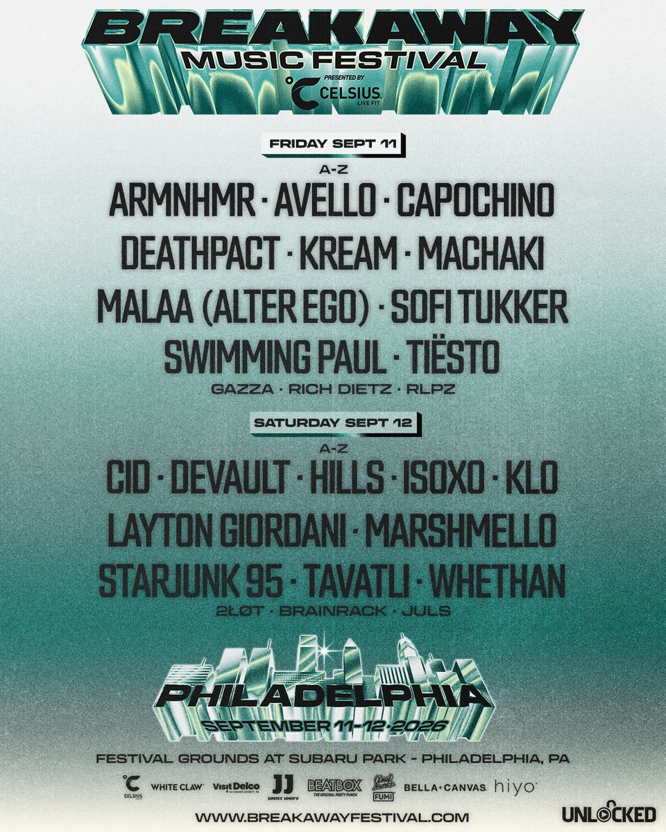 BreakawayFest's tweet photo. Breakaway Philly Single Day lineups are here 🪩 We'll catch you all this September for year 2 at the Festival Grounds at Subaru Park. Single Day tix go live tomorrow @ 10am ET! https://t.co/yVhGgsxnrB