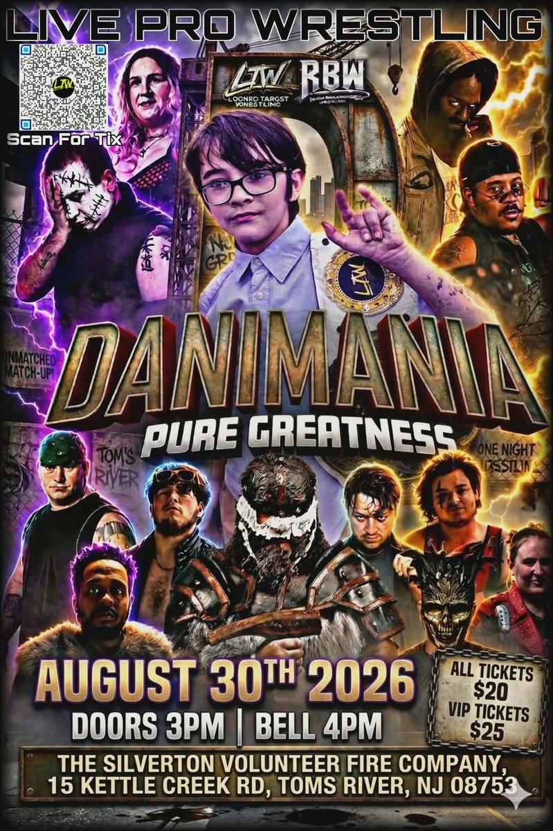 KingpinRBW's tweet photo. RBW: Coronation is only 17 days away on July 26th and is at the Silverton Fire Dept in Tom's River, NJ !
 
Danimania is on Sun August 30th !  

Come join us for both of these amazing events !

Tickets are on sale for both live events by scanning that QR code on the posters ! https://t.co/3iB6okE7j6