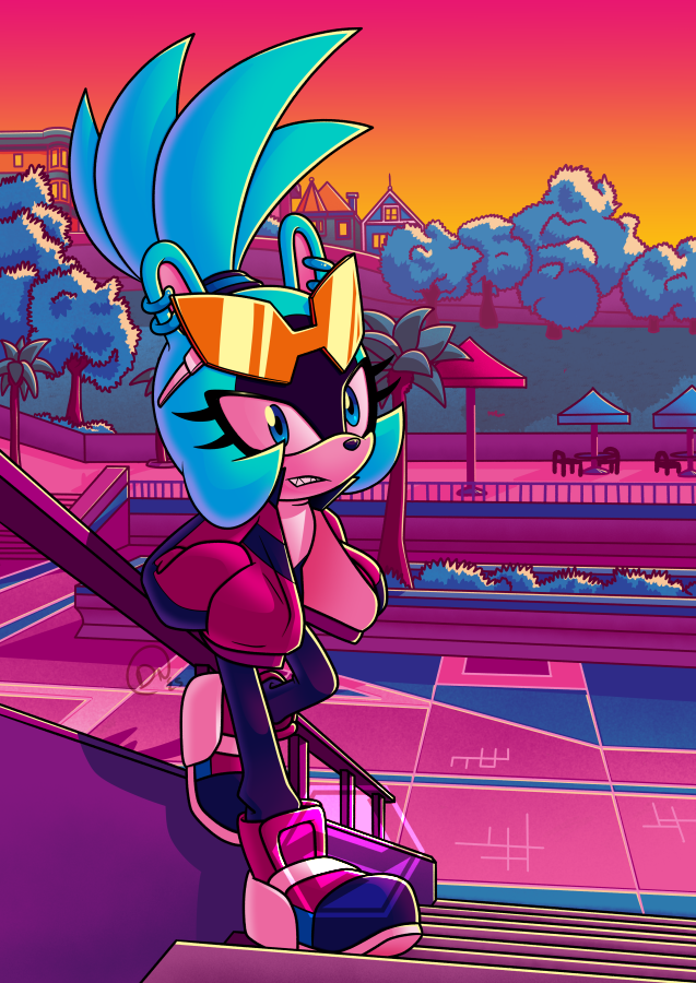 DarkNoise's tweet photo. Summer vibes time again?
Let's do it with some retrowave flare and the electric gremlin herself, Surge! This was one of the prints available at @sonicconuk last year, this time without the VHS filter.
#SonicTheHedgehog #SonicArt https://t.co/ggj9A4KiDP