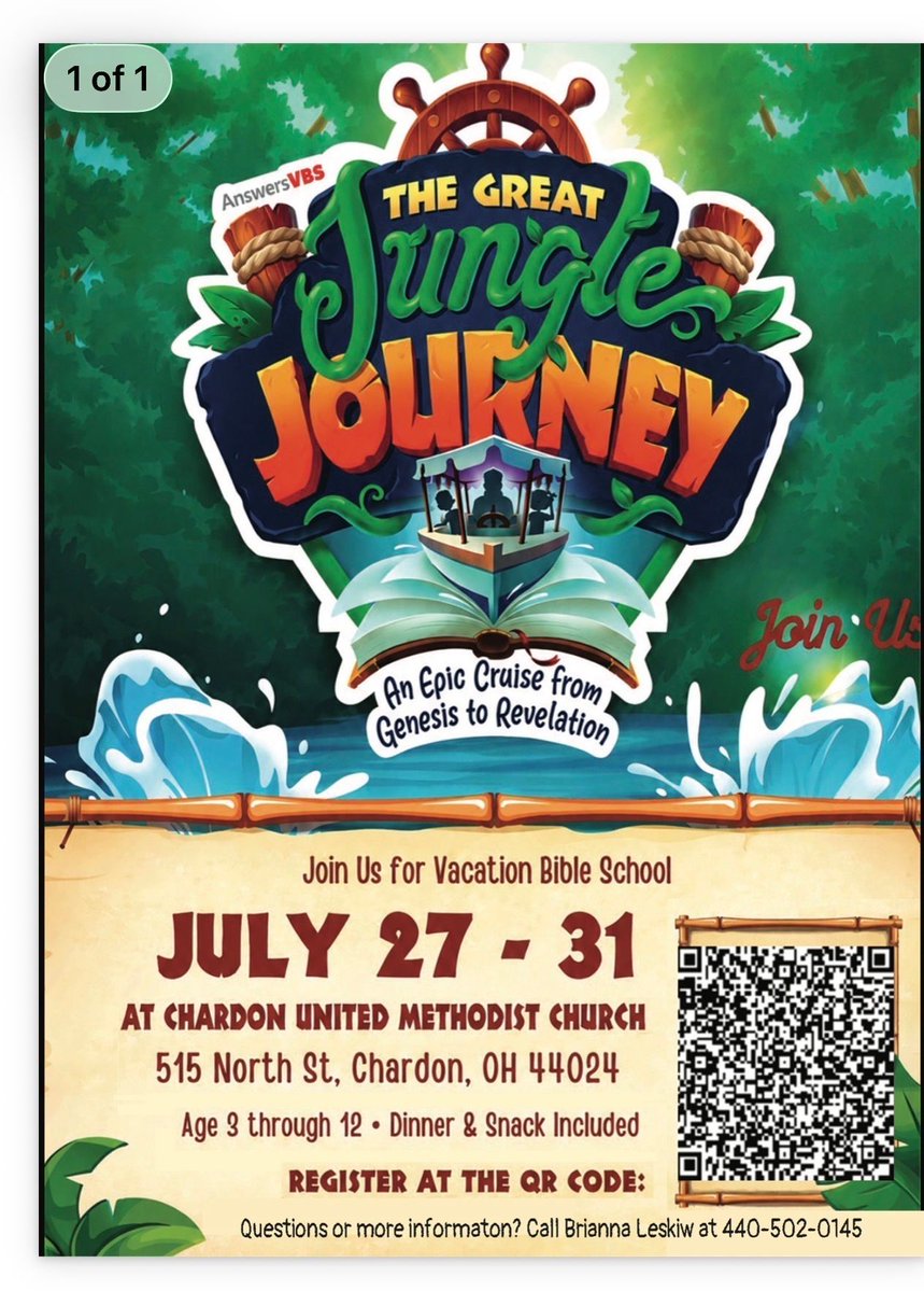 KirtlandChron's tweet photo. 🌿🚢 Adventure awaits at The Great Jungle Journey VBS!
📅 July 27-31
📍 Chardon United Methodist Church
👧 Ages 3-12
🍽️ Dinner & snacks included
Scan the QR code to register or call 440-502-0145 for more information. Bring a friend and join the journey! 🌴📖
#VBS #Chardon #Ad https://t.co/7PxYGmnf9D