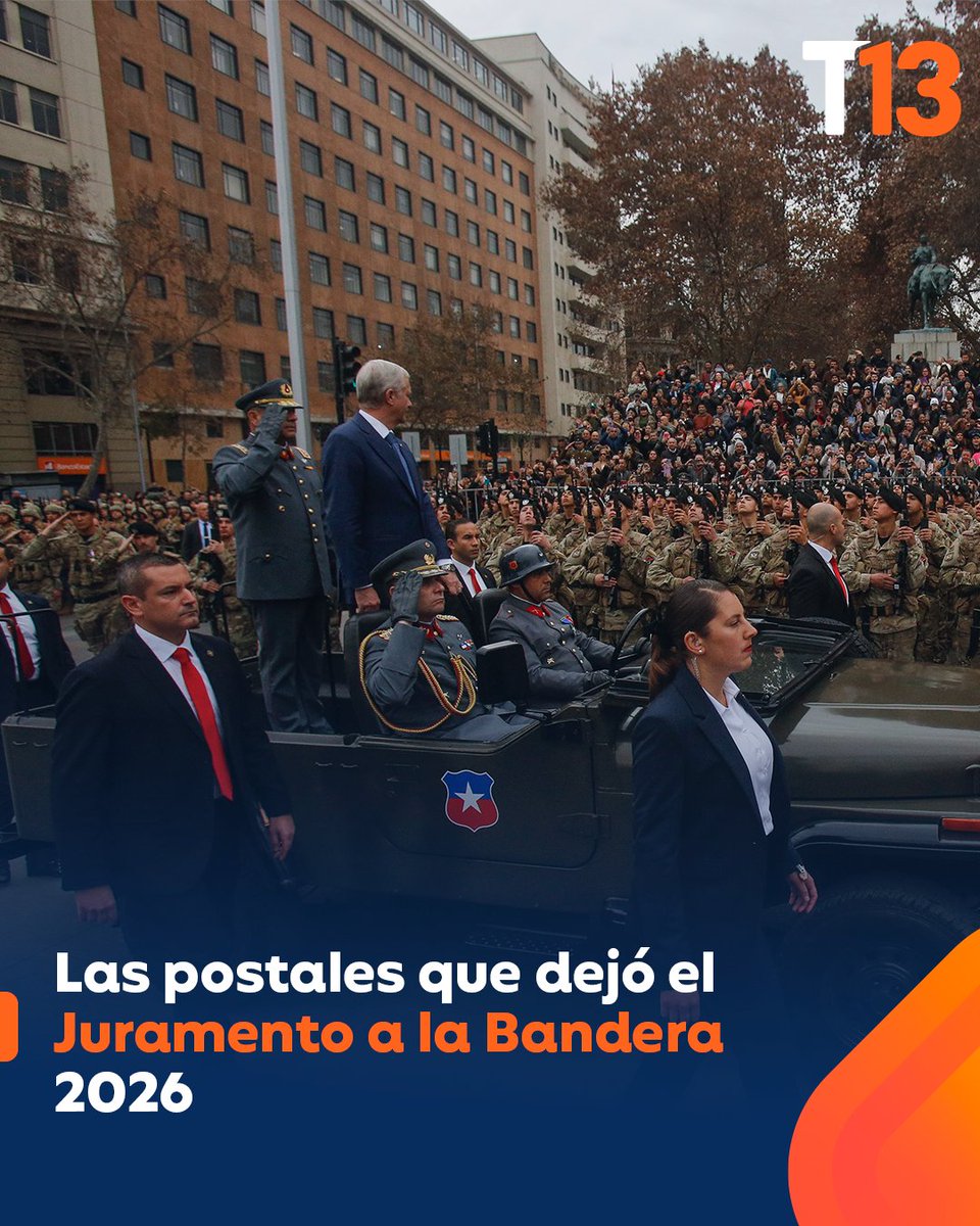 T13's tweet photo. Este jueves 9 de julio se realizó el Juramento a la Bandera, actividad nacional de carácter militar que conmemora a los soldados fallecidos durante el combate de La Concepción.

La ceremonia principal se realiza en la Plaza de la Ciudadanía, frente al Palacio de La Moneda, y fue encabezada por el Presidente José Antonio Kast junto al ministro de Defensa, Fernando Barros; y el Comandante en Jefe del Ejército, Pedro Varela.

📲 Más en https://t.co/z7XB1v5Ecs