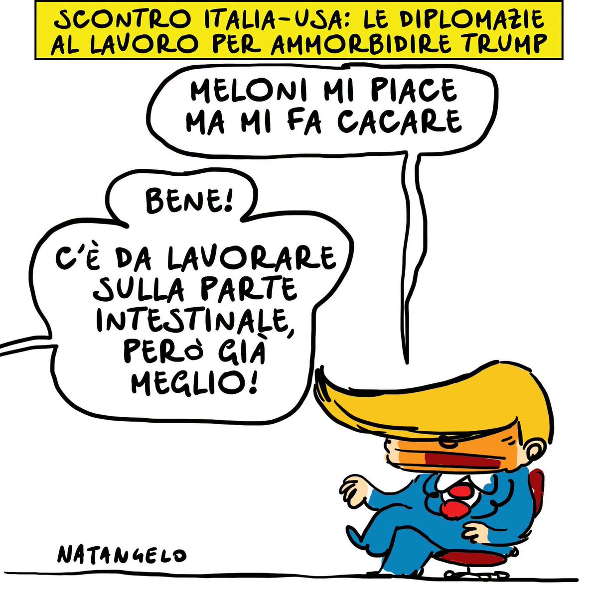 NatangeloM's tweet photo. La posizione migliora - la mia vignetta per la prima pagina de Il Fatto Quotidiano oggi in edicola!
#trump #meloni #satira #vignetta #natangelo https://t.co/Eu7HgNVDNL