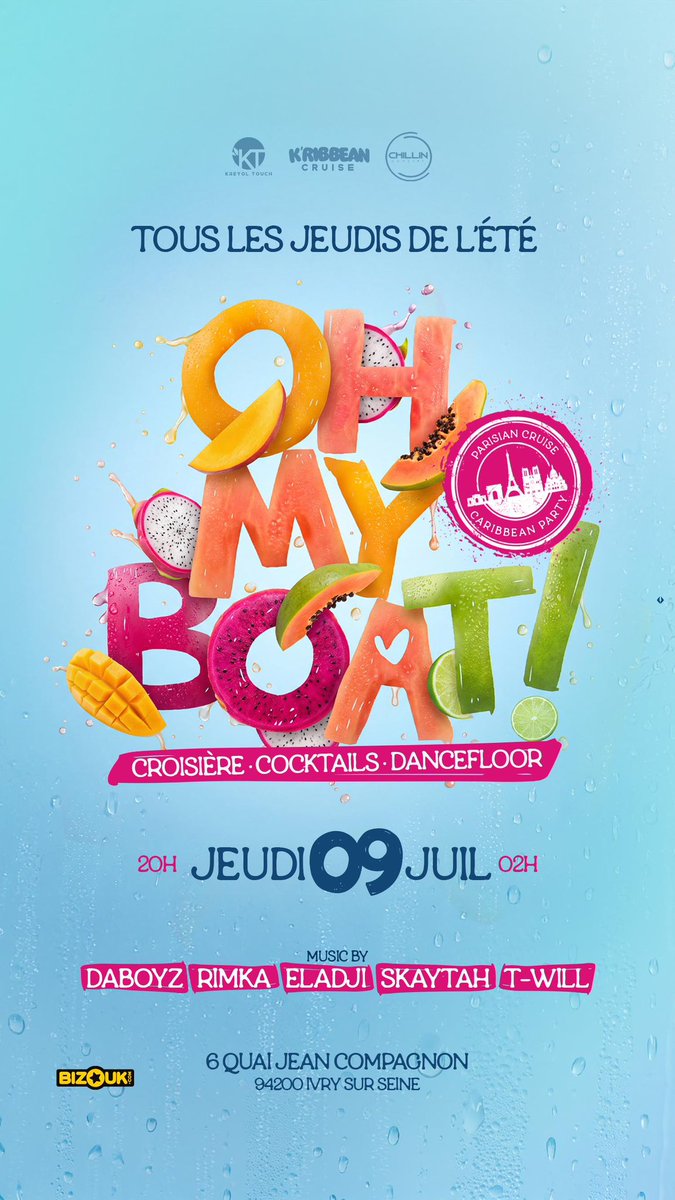 KREYOLTOUCH_'s tweet photo. 🔥🚨🔥CE SOIR 🚨🚨 CE SOIR🔥🚨🔥
📅 Jeudi 9 juillet
🕗 20h – 02h
📍 6 quai Jean Compagnon – 94200 Ivry-sur-Seine
🎧 DABOYZ • RIMKA • ELADJI • SKAYTAH • T-WILL
🎟️ Réserve maintenant et embarque pour le Volume 2.
#OhMyBoat #KribbeanCruise #SummerVibes #BoatParty #ParisByNight
ℹ️ Plus d’infos & Billetterie : https://t.co/JX82sUR1fO