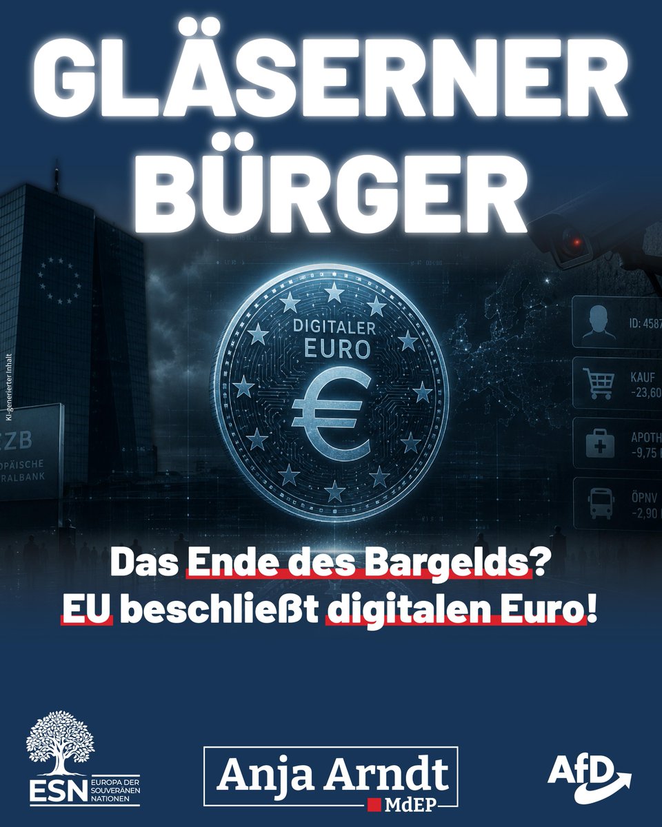 Anja_Arndt_EU's tweet photo. Es ist ein schwarzer Tag für die finanzielle Freiheit und das Recht auf Privatsphäre in Europa. Heute hat das Europäische Parlament in Straßburg mit einer deutlichen Mehrheit von 416 zu 169 Stimmen für die Einführung des digitalen Euros gestimmt. Damit ist der Weg frei, um noch Mitte dieses Monats die Verhandlungen über den rechtlichen Rahmen für diese elektronische Gemeinschaftswährung aufzunehmen.

Die Pläne der Euro-Notenbanken sind bereits erschreckend konkret: Schon im nächsten Jahr, 2027, soll ein großflächiges Pilotprojekt starten, bevor die Digitalwährung 2029 final eingeführt wird. Um den Bürgern dieses System aufzuzwingen, plant die EU sogar eine gesetzliche Annahmepflicht für Händler. Das bedeutet: Jeder Ladenbesitzer und Online-Händler wird gezwungen, das digitale Zentralbankgeld zu akzeptieren. Gleichzeitig sollen Privatleute digitale Euro nur in einem staatlich streng begrenzten Umfang halten dürfen. Spätestens hier müssen alle Alarmglocken schrillen: Wer einmal die Infrastruktur besitzt, jeden einzelnen Cent der Bürger digital zu überwachen, kann dieses Guthaben im Handumdrehen mit Limits versehen, mit Verfallsdaten verknüpfen oder per Knopfdruck sperren, wenn jemand politisch unliebsam auffällt.

Die Beteuerungen der EZB, dass der Datenschutz gewährleistet sei, sind angesichts der Brüsseler Überwachungswut der letzten Jahre völlig unglaubwürdig. Ein digitaler Euro ist das genaue Gegenteil von bedingungslosem, anonymem Bargeld – er hinterlässt immer eine digitale Spur beim Staat. Selbst die Geschäftsbanken schlagen wegen der massiven Integrationskosten und der künstlichen Konkurrenz Alarm. Warum ein neues, bürokratisches Milliarden-Zentralbankprojekt durchgepeitscht werden muss, obwohl europäische Banken mit Wero bereits eigene digitale Bezahlsysteme am Markt haben, lässt sich nur mit dem unbändigen Kontrollwahn der EU-Bürokratie erklären.

Mein Name ist Anja Arndt und als Abgeordnete der ESN-Fraktion im Europäischen Parlament sage ich ganz unmissverständlich: Wir wehren uns mit aller Kraft gegen diesen digitalen Kontroll-Euro! Freiheit stirbt schrittweise, und wer das Bargeld durch digitale Alternativen schleichend ersetzt, macht die Bürger erpressbar und gläsern. Wir fordern die verfassungsrechtliche Garantie für den unbegrenzten Erhalt des echten Euro-Bargelds und ein klares Nein zu dieser programmierbaren Staats-Währung. Unser Geld gehört uns, und Brüssel hat kein Recht, unsere Geldbörsen lückenlos zu überwachen!