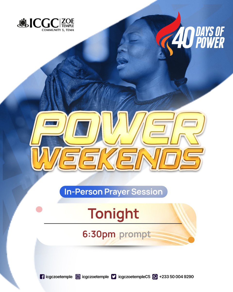 icgczoetempleC5's tweet photo. IN-PERSON POWER WEEKEND HAPPENING TONIGHT
Step into a moment set apart, where prayer rises, worship flows and the power of God brings true transformation. Come with faith, come prepared and position your heart for a fresh and undeniable encounter with Him.
#40DaysOfPower https://t.co/ISGFRIkufH