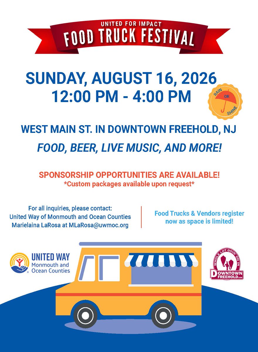 UWMOC's tweet photo. 🚨 Save the NEW date! 🚨

Our Food Truck Festival has officially been rescheduled for Sunday, August 16th from 12 PM–4 PM in Downtown Freehold! 🍔🚚🎉 https://t.co/30aShh7ki7