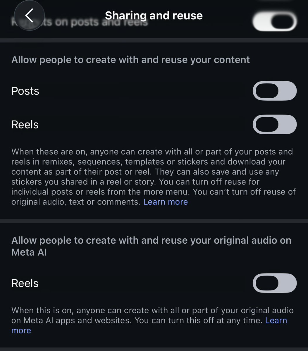 TheAfrocentricI's tweet photo. You can turn it off in “Sharing and reuse” in your “Settings”. Also do the same for Threads, on Tik Tok, and especially on here since they have similar options. https://t.co/NpJZYX9G8X