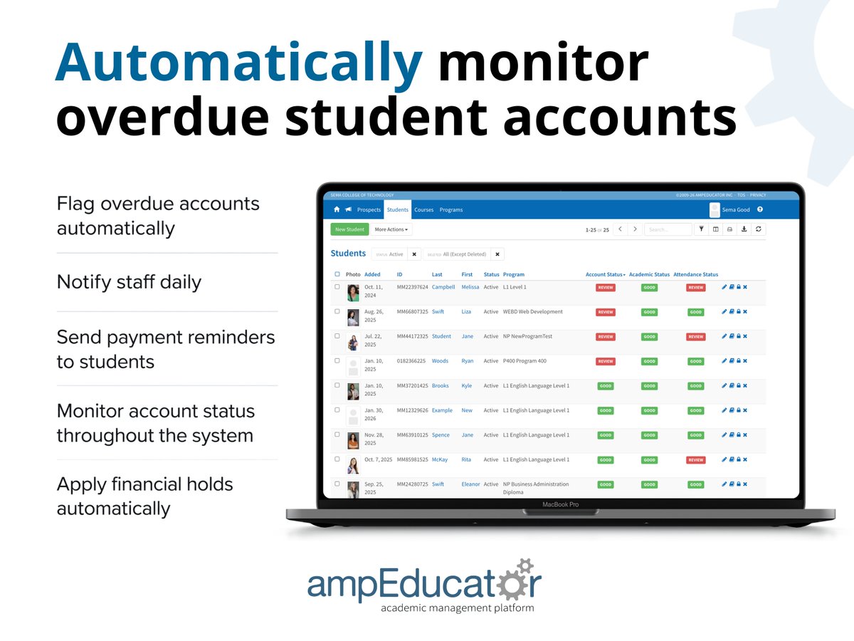 ampeducator's tweet photo. top manually tracking overdue student accounts.

With ampEducator you can automatically flag overdue balances, notify staff, send payment reminders, and even apply financial holds.

Learn how to set it up in our quick step-by-step guide:
https://t.co/Nt4QoJ326u

Try ampEducator free: https://t.co/np9tZupXHa