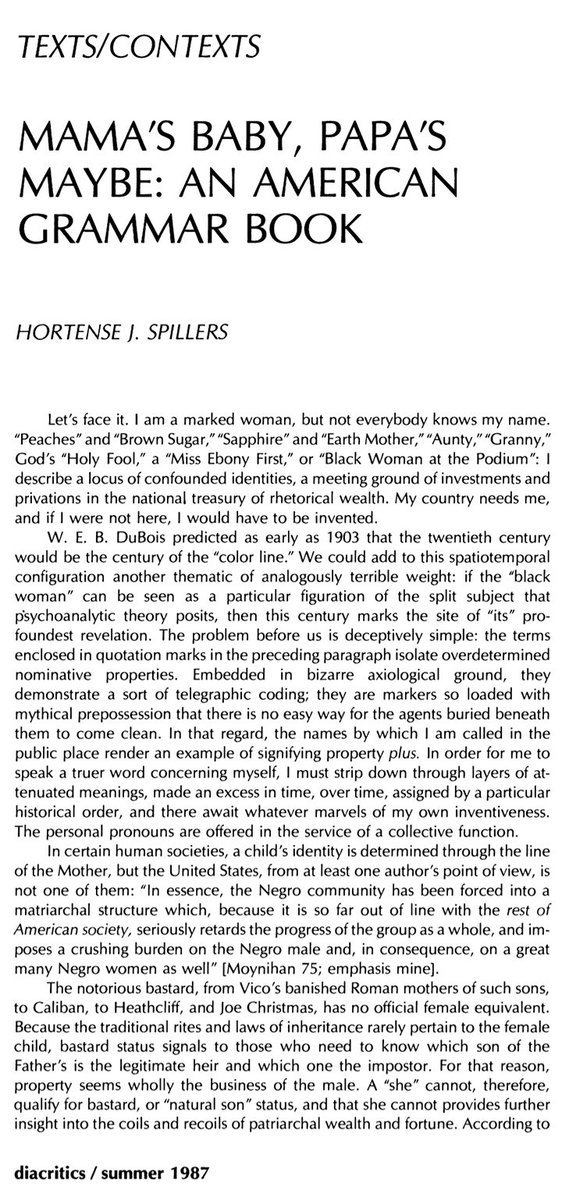 mbiratafari's tweet photo. Hortense Spillers, “Mama's Baby, Papa's Maybe: An American Grammar Book” https://t.co/8uewTfrTmX