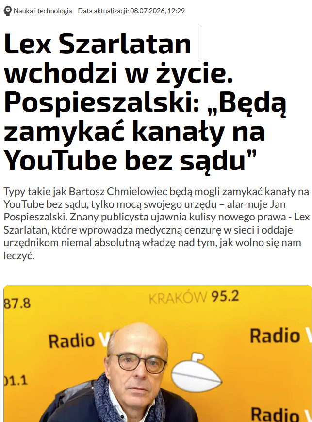 PiotrWitczak_'s tweet photo. Niestety, @J_Pospieszalski ma rację

RPP na podstawie tej ustawy może wydać decyzję nakazującą natychmiastowe zaprzestanie działalności (np. kanału YouTube) za:

Art. 67zj ust. 1 pkt 5:
„działanie wprowadzające w błąd polegające na publicznym rozpowszechnianiu lub promocji:
a) metody diagnostycznej lub leczniczej (...) niezgodnej z aktualną wiedzą medyczną"

https://t.co/Gi1JkLeoiV