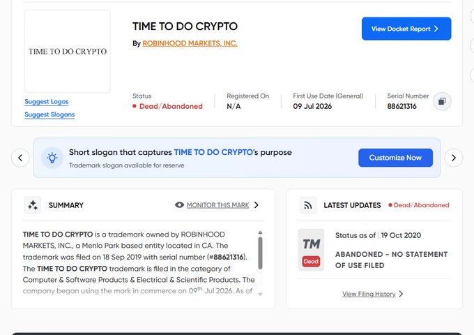 po_sol666's tweet photo. Robinhood подал заявку на товарный знак для слогана под названием "Time To Do Crypto"  Это так бычливо?? Они буква��ьно продвигают криптовалюту и мемкоины прямо сейчас, и у них есть слоган, всё это оооочень круто
https://t.co/ggHmTbAuer https://t.co/YVxdJVwVHY