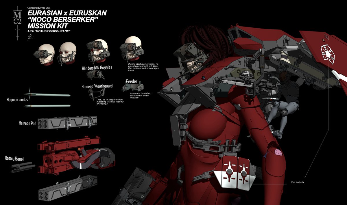 ukitakumuki's tweet photo. Berserker Mother Courage (2025) pt 2: Didn't get time to feature it properly in the animated short, but the centerpiece of her weapon is an anti-armour rotary cannon with drum at rear. Top and bottom are discardable/stackable harpoon pods, for use vs Peer/XL adversaries. https://t.co/fRC8qTTsOE