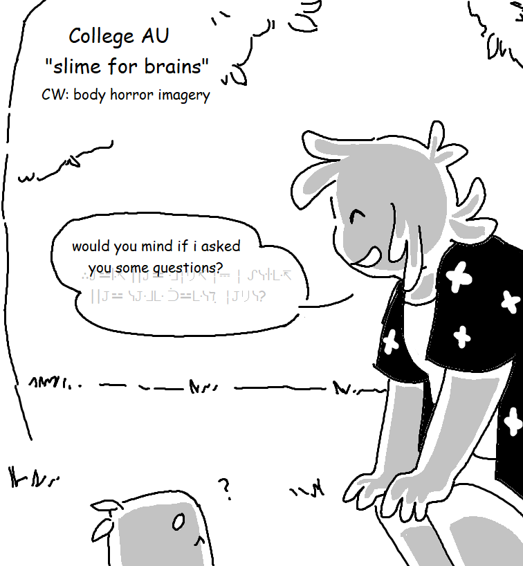 strandpeach's tweet photo. college AU 
"slime for brains"
🧵(1/7)
CW: body horror imagery

#sfawtde #collegeAU #averythemayo #alternateuniverse https://t.co/eo2cKPSvuC