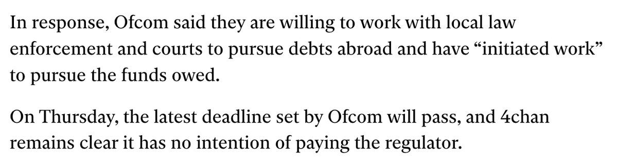 prestonjbyrne's tweet photo. Ofcom has told the Independent newspaper that they intend to work with American police and the courts to recover fines from 4chan.

This is legally illiterate. If they really want to sue us in the United States to recover a foreign censorship penalty, we welcome the fight. https://t.co/5fPiTPeFlf