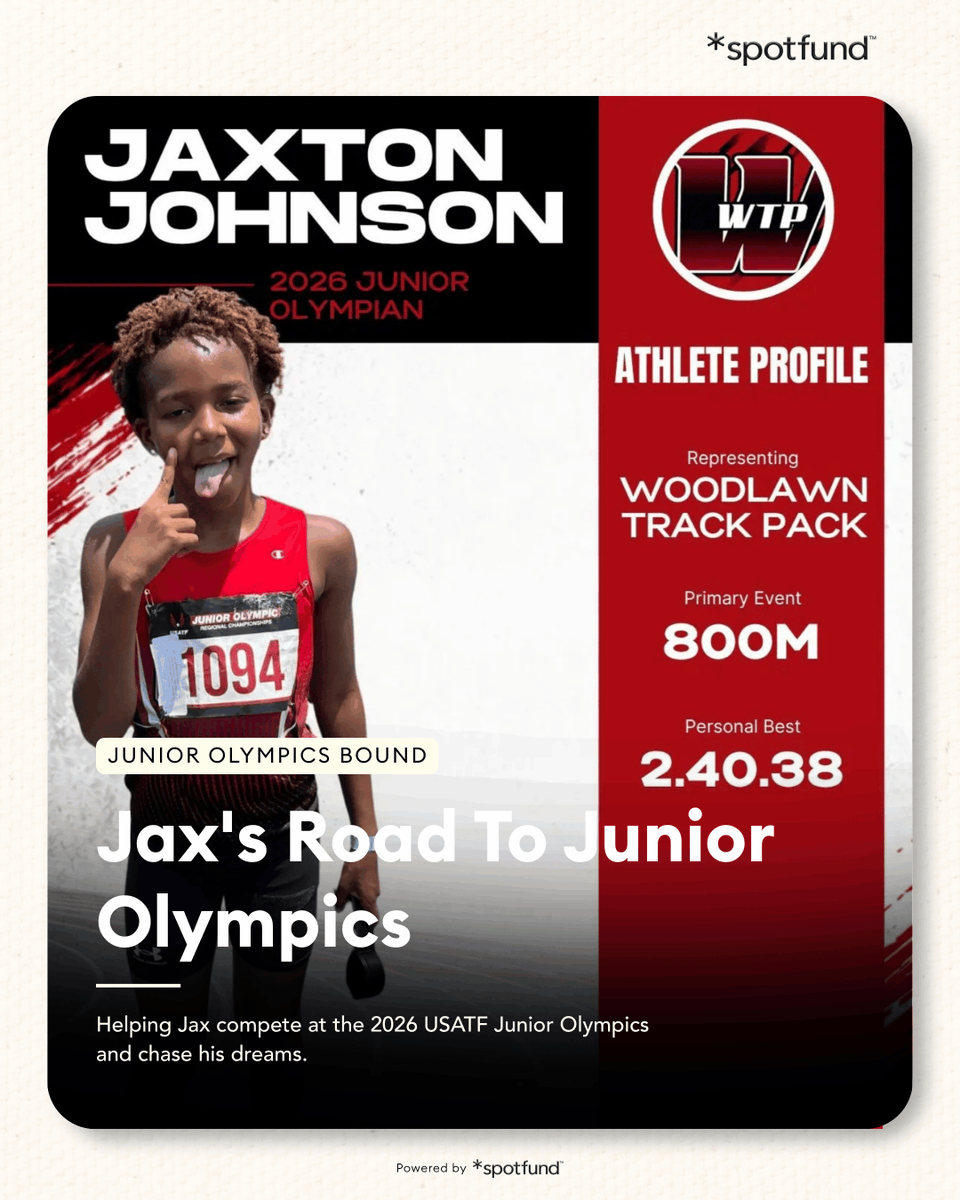 spotfund's tweet photo. 🏃https://t.co/Ek9oANOM4W

Support Jax as he heads to the 2026 USATF Junior Olympics, turning months of hard work, perseverance, and determination into an unforgettable opportunity on the national stage. ✨

Start your own fundraiser at https://t.co/QFgM9gIq8D today.

#spotfund #spotfundcampaign #fundraising #crowdfunding #makingadifference