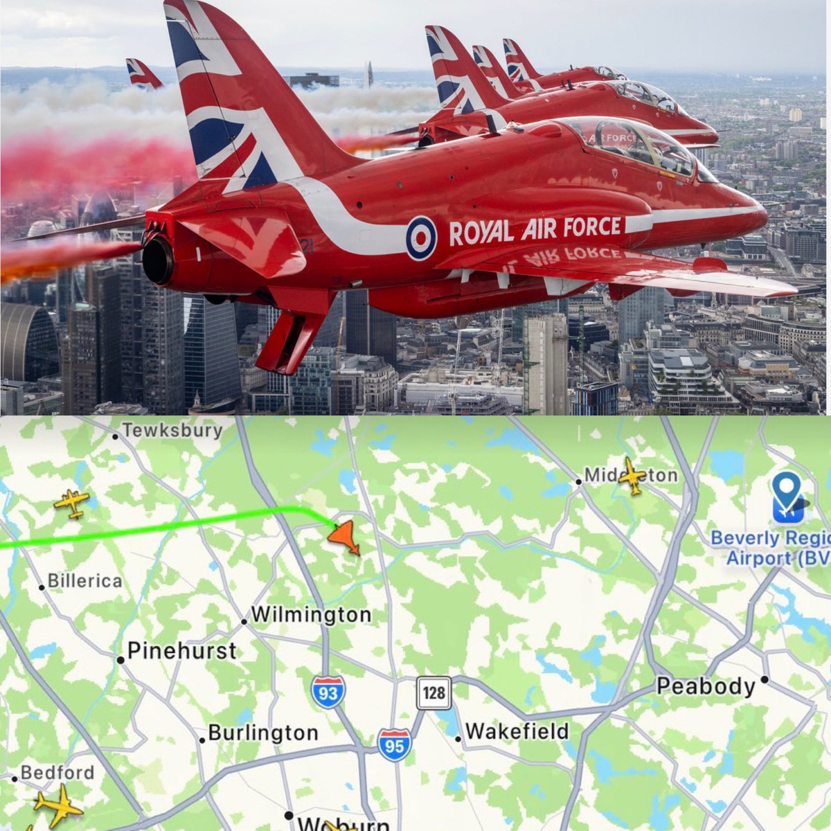 TewksburyPD's tweet photo. Did you see them?  At approximately 12pm two formations of Royal Air Force jets (10 total) flew over Tewksbury in a very cool display!!! https://t.co/uWnsgvwmD1
