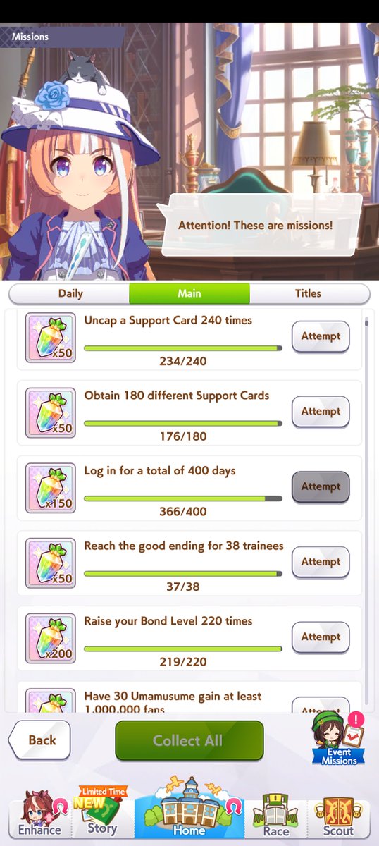 366 days logged into Umamusume, a perfect year streak counting July 9th of both this year and last year.