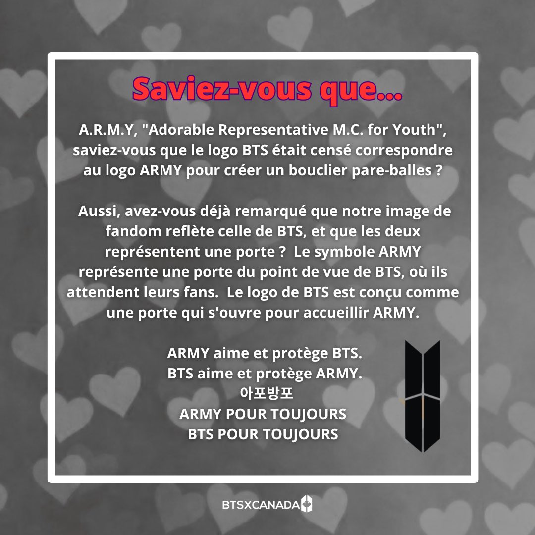 BTSxCanada's tweet photo. Did you know..

Saviez-vous que 

#HappyArmyDay
#Happy13thAnniversaryARMY 
#BTSARMY13thBirthday https://t.co/k8UqAQ7h70