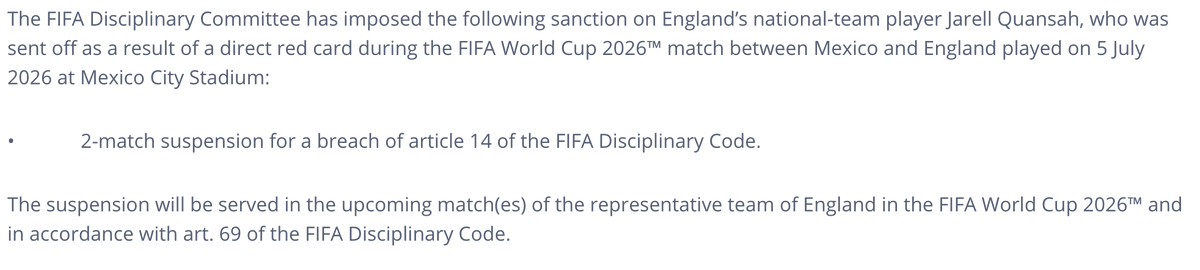 RobHarris's tweet photo. Understand FA cannot appeal against Quansah's two-match ban.

FIFA says this with no mention of Article 27 which led to Balogun's suspension being fronzen. https://t.co/P7VCjWGVjm