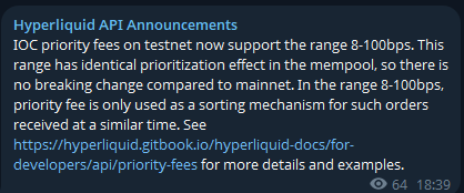 HyperliquidNews's tweet photo. On the Testnet, priority fees for IOC (Immediate-or-Cancel) orders now support a configurable range of 8–100 bps. https://t.co/5RsMcNrVST
