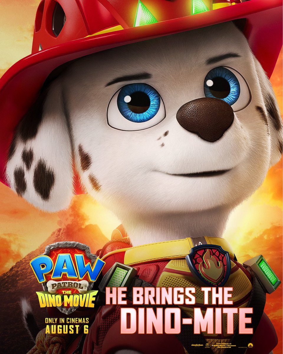 ParamountUK's tweet photo. Marshall brings the DINO-mite!🔥 Meet the crew of PAW Patrol: The Dino Movie. 🦖🐾  Roaring into cinemas August 6 #PAWPatrolMovie https://t.co/Wj6FGyb0H8
