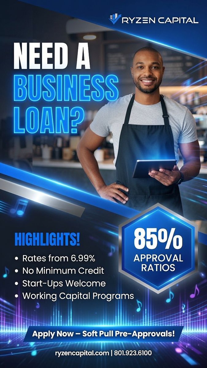 RyzenCapital's tweet photo. Need a business loan? 

Rates from 6.99% • 85% approval ratio • No minimum credit • Start-ups welcome

Soft pull pre-approvals. Fast funding for real business owners.

Apply → https://t.co/Gp3fZKJRWn
Call/Text: 801.923.6100

#BusinessLoans #SmallBiz https://t.co/la8if49aEy
