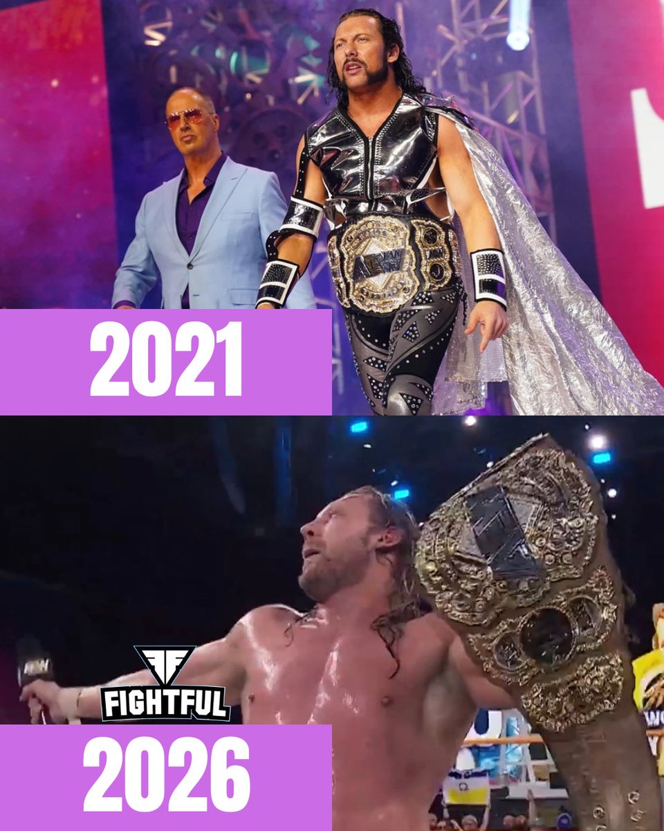 Fightful's tweet photo. Kenny Omega as the AEW Champion in 2021 and 2026. https://t.co/fZDqMCS00b
