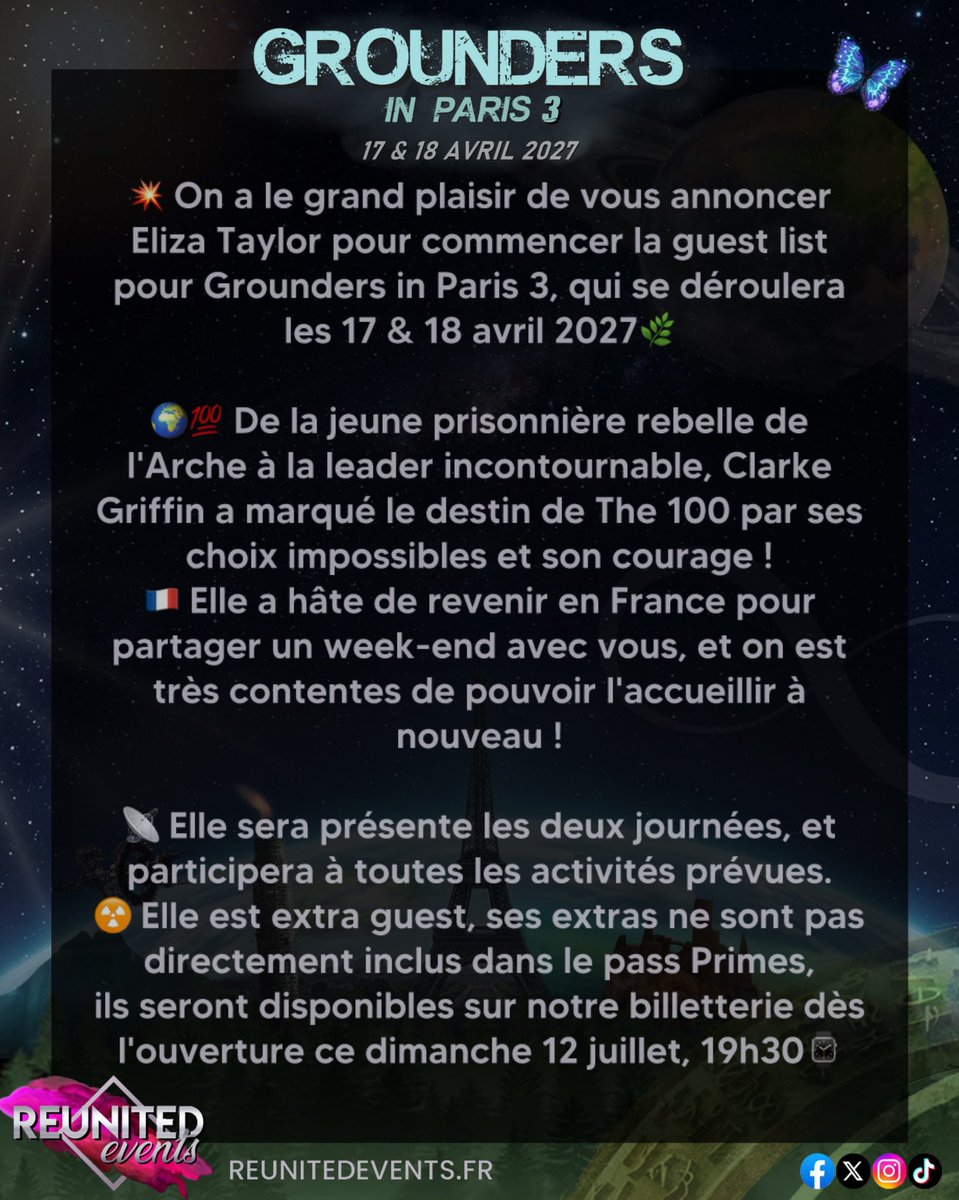 Reunited_Events's tweet photo. 💥On a le grand plaisir de vous annoncer Eliza Taylor pour commencer la guest list pour Grounders in Paris 3, les 17 &amp; 18 avril 2027🌍💯
// 📡 We are so thrilled to announce Eliza Taylor to kick off the guest list for Grounders in Paris 3, on April 17 &amp; 18, 2027🇫🇷🌿 https://t.co/F81BrXVaE3