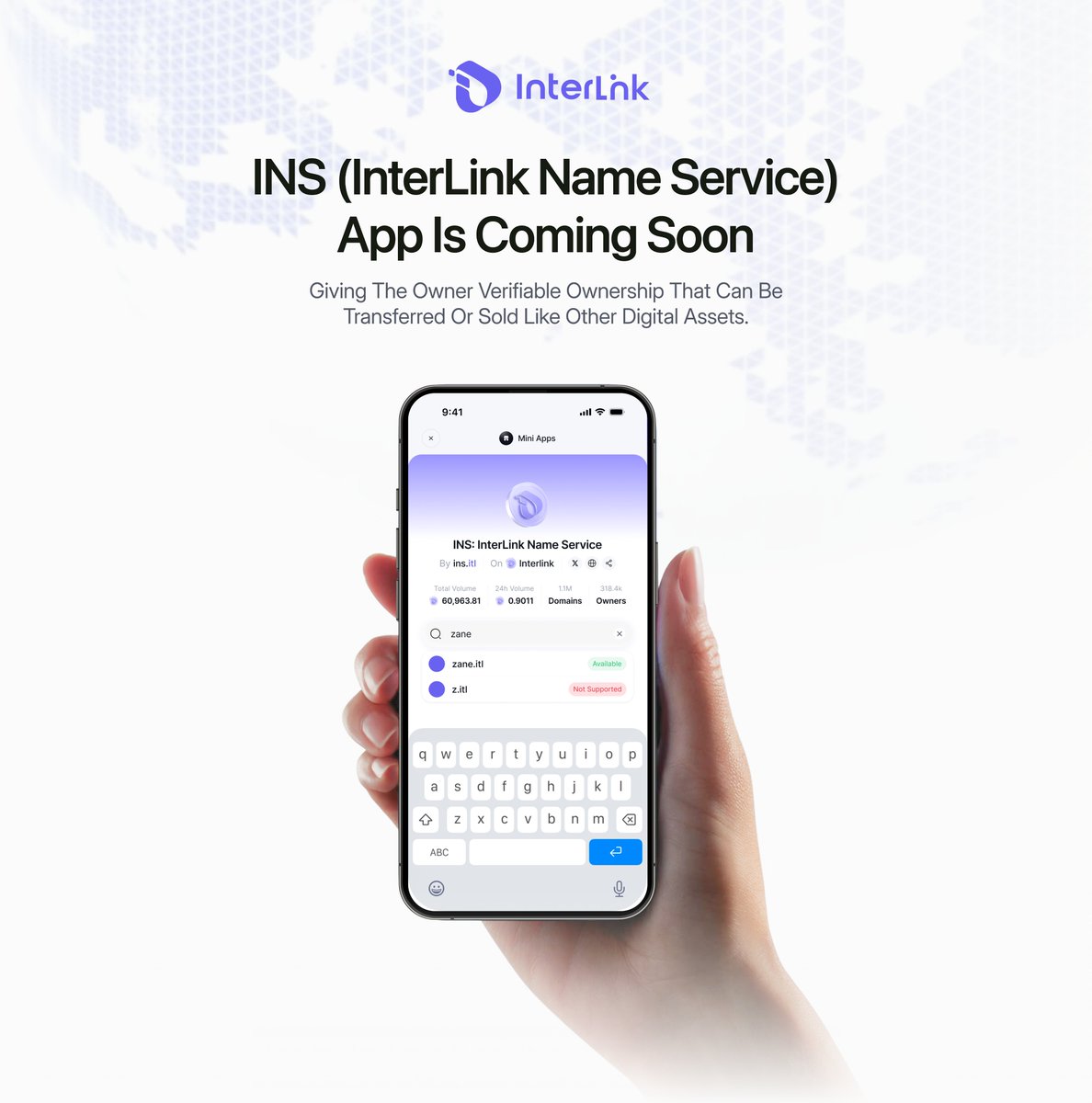 inter_link's tweet photo. INS (InterLink Name Service) App is coming soon

What Is InterLink Name Service?

INS is a decentralized naming protocol built on InterLink Chain that lets users register human-readable names ending in ".itl." Each INS name is an IRC-721 non-fungible token (NFT), giving the owner verifiable ownership that can be transferred or sold like other digital assets.

Beyond wallet addresses, INS names can link to cryptocurrency addresses on other blockchains, content hashes pointing to websites or files on decentralized storage networks, and personal metadata such as social media handles or email addresses.

Once live, INS will grow into a community-governed protocol managed through InterLink DAO, which will oversee the INS root and make key protocol decisions.

NameWrapper and IRC-1155 names

The INS NameWrapper contract will allow INS names to be wrapped and represented as IRC-1155 tokens rather than plain IRC-721 tokens. Wrapped names support "fuses," permission settings that control what actions can be taken on a name, such as preventing subdomain creation or preventing the name from being unwrapped. This enables more advanced use cases, including emancipated subdomains that cannot be revoked by the parent name owner.

How Does INS Work?

- Architecture

INS uses a hierarchical structure. At the top are top-level domains (TLDs) like ".itl," each managed by smart contracts called registrars that define registration rules. The INS registry is a central smart contract that records domain ownership, resolver assignments, and cache settings. Resolvers are contracts responsible for translating INS names into addresses or other data.

- Forward and reverse resolution

Forward resolution converts an INS name (such as "alice.itl") into one or more addresses or linked data. Reverse resolution works in the opposite direction, linking an address back to its primary INS name. This allows wallets and applications to display human-readable names instead of full hex addresses.

- Domains and subdomains

Owners of INS domains can create effectively unlimited subdomains that they fully control. For example, owning "alice.itl" allows creation of "mail.alice.itl" or "shop.alice.itl," each pointing to different resources or managed independently. With the NameWrapper, subdomains can be issued with specific permissions baked in.

What Can You Do With INS?

INS simplifies sending and receiving cryptocurrency by replacing complex addresses with readable names, reducing the risk of errors during transactions. A single INS name can link to multiple blockchain addresses, making cross-chain interactions easier to manage.

INS names can also store information such as website links, email addresses, and social media handles, making them useful as decentralized identifiers for personal or organizational branding. Subdomain creation and delegation enable communities and applications to build naming systems on top of an INS domain they control.

Registering and Managing INS Domains

- Registration

Registering an INS domain will require a compatible crypto wallet and ITL to cover the registration fee. The process involves searching for an available name on the INS app and registering it directly. Most names will be available on a first-come, first-served basis without auctions.

- Pricing and renewal

Registration fees will be set in dollar terms but paid in ITL. On-chain price oracles will convert the dollar price into the current ITL amount at the time of payment, keeping the actual cost stable in dollar terms regardless of ITL's market price. Names with five or more characters are expected to cost around a few dollars per year, while shorter names (three to four characters) will carry higher fees due to their scarcity. INS domains will require periodic renewal, with a grace period after expiration that allows owners to renew before a name re-enters the public pool.
#InterLink #ITLG #ITL