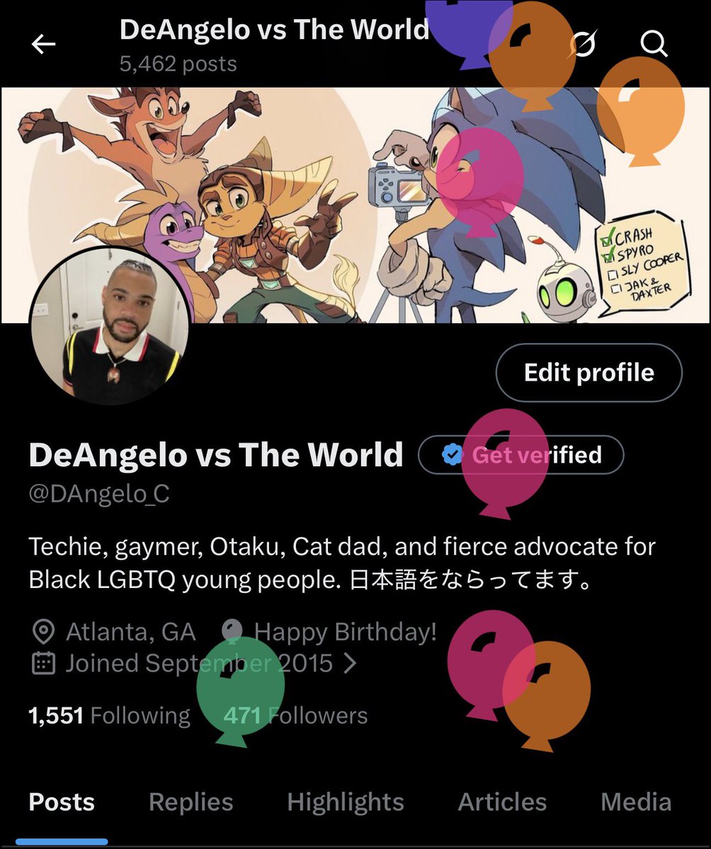 DAngelo_C's tweet photo. There’s balloons on my page today! 🥳 ♋️ I’ve made it to lvl.33 in this crazy game called Life. If anyone wants to contribute to my birthday fund to buy Yu-Gi-Oh! cards and Kingdom Hearts collectibles, my CashApp and Venmo are below! 😆 https://t.co/6xAwXi2FsC