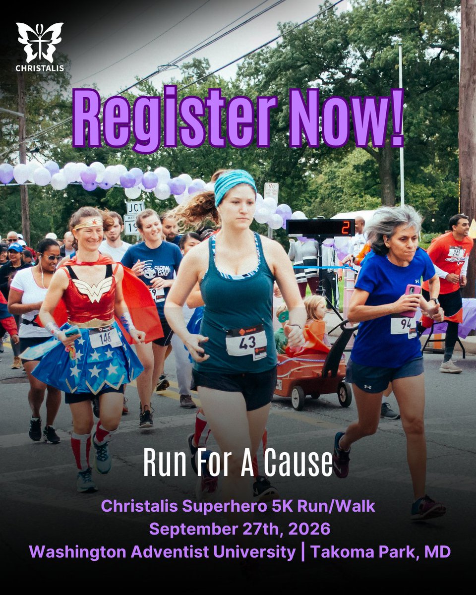 ChristalisInc's tweet photo. 🦸 Run For A Cause! Registration is open for the 2026 Christalis Superhero 5K — September 27th in Takoma Park, MD. Run, walk, and be a hero for kids in Uganda 💜 Register now: https://t.co/NtuishFTje
#Christalis #Superhero5K https://t.co/z3y5NetPrB