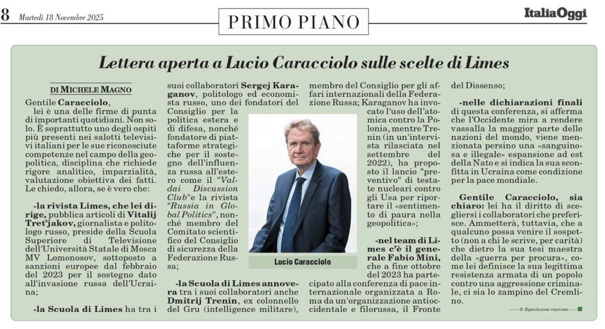 BzBroono's tweet photo. @Ander_Bruckes Giova ricordare che in posti di rilievo dentro Limes, distribuiti tra rivista e prestigiosissima Scuola così da agganciare sia chi legge solo sia chi ama proprio essere indottrinato di persona, siedono altrettanto prestigiosissimi russi ex GRU e Consigli di Sicurezza vari https://t.co/3mINPj51eL