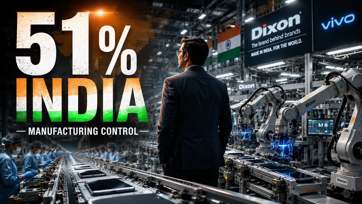 HemanNamo's tweet photo. 🧵 1/5

🚨 India just rewrote the rules of smartphone manufacturing.

Most headlines say “Dixon & Vivo form a joint venture.”

The real story is one number:

51%.

An Indian company will own and control the majority stake in one of India’s largest smartphone manufacturing ecosystems.

Here’s why that’s a strategic shift. 👇🇮🇳