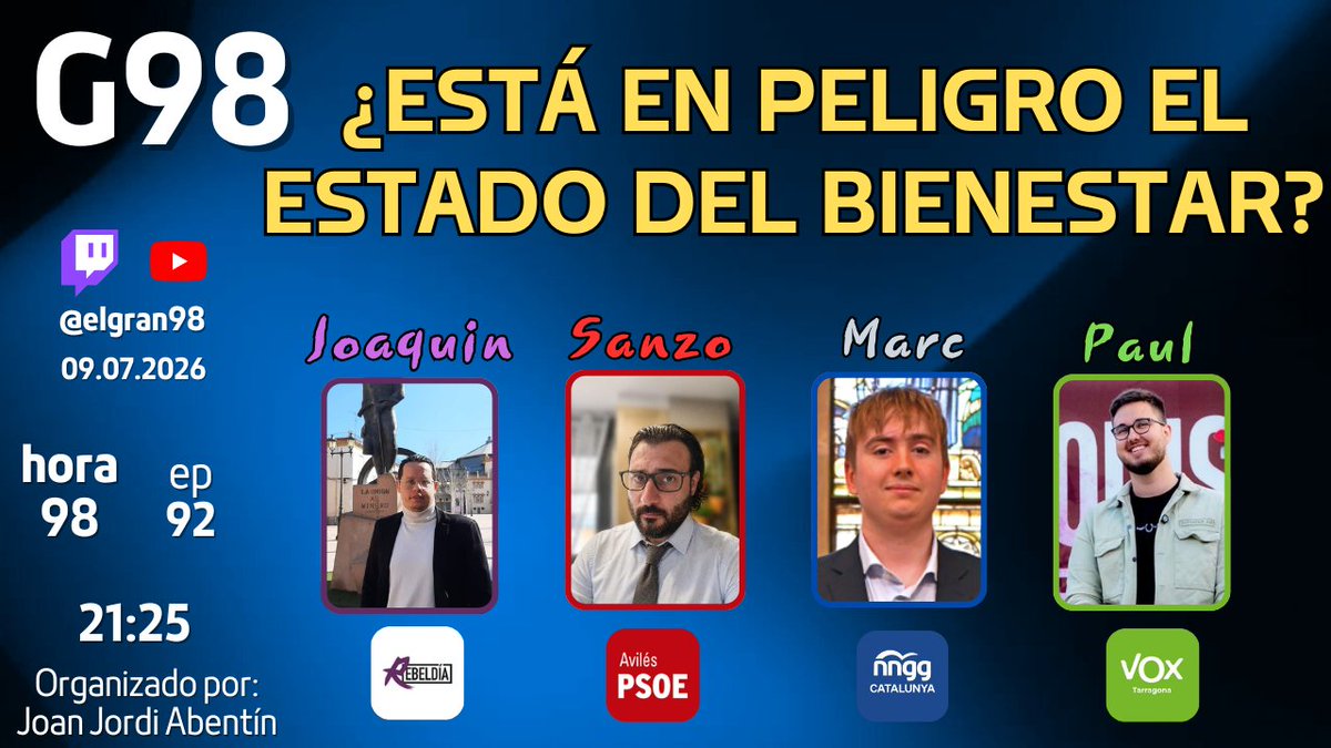 F98Info's tweet photo. ¿ESTÁ EN PELIGRO EL ESTADO DEL BIENESTAR?

Nos vemos hoy ☺️

@paulsito - @VOX_tarragona
@sergiosanzo - @PSOE_Aviles
Marc Betto - @NNGGcat
@Norte171 - @rebeldiajoven

RT para ser más 🫢💫

🔗
https://t.co/fTqIZ7sESM https://t.co/YexLpRTaTl
