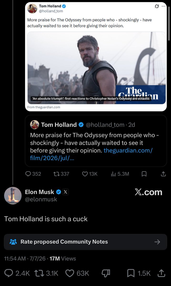 emeriticus's tweet photo. Tom Holland ratios Elon Musk on his own app where the algorithm is designed to boost his xeets, nature is healing https://t.co/1Qs0olfNTL