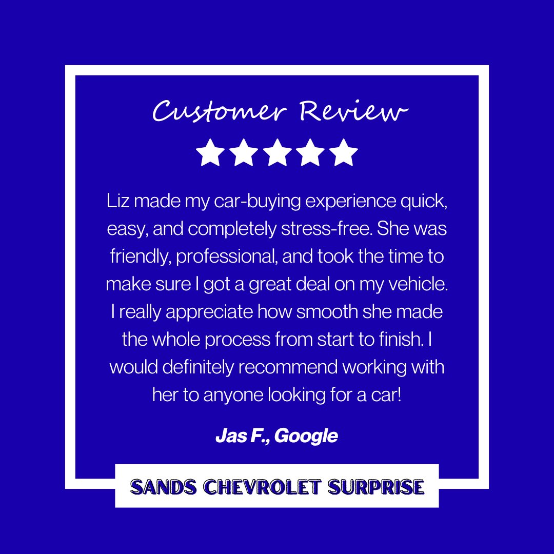 SandsInSurprise's tweet photo. Jas, thank you for your wonderful review! We're thrilled to hear that Liz made your car-buying experience quick, easy, and stress-free. We truly appreciate your recommendation. Congratulations on your new vehicle! https://t.co/7OOsW1vtlI
