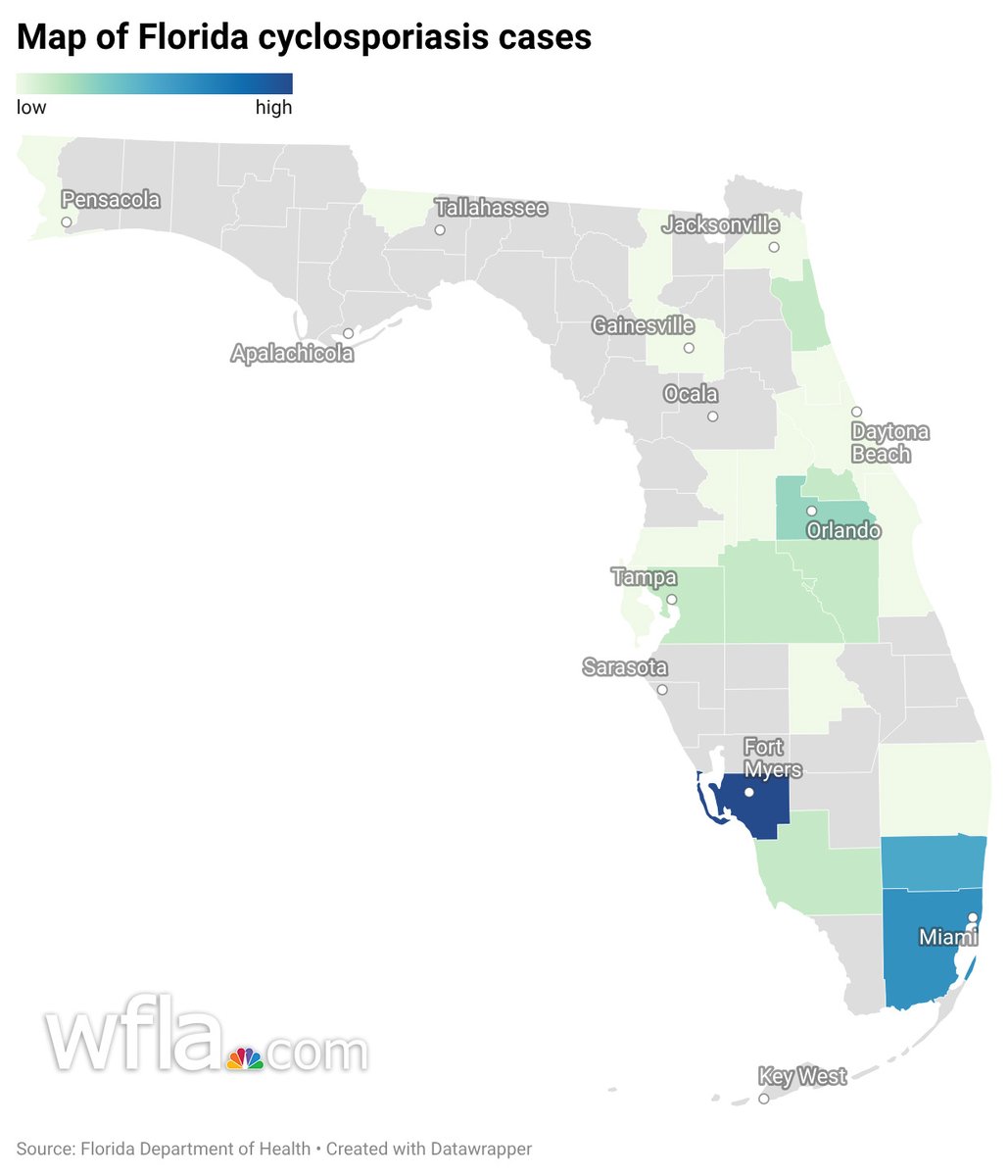 WFLA's tweet photo. FLORIDA PARASITE CASES: The state of Florida is now reporting 50 cases of cyclosporiasis, a diarrhea-causing parasitic infection, across 24 counties. Here's which counties have the most: https://t.co/wHruTaqmwK https://t.co/fzqxMwVwey