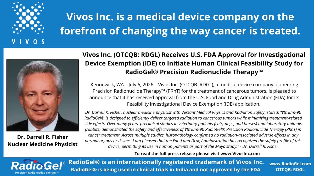 VivosIncUSA's tweet photo. Dr. Fisher states that histopathology confirmed no radiation-associated adverse effects in normal organs or tissues, reinforcing the strong safety profile of @RadioGel We’re proud to be working with the Mayo Clinic as we advance human clinical trials. $RDGL https://t.co/dUHEzqVKdI