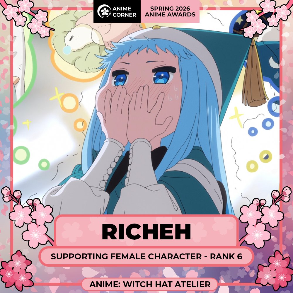 animecorner_ac's tweet photo. 🌸 Spring 2026 Anime Awards 🌸
Supporting Female Character
Rank 6: Richeh

CV (JP): Hika Tsukishiro
CV EN): Nerida Bronwen
Anime: Witch Hat Atelier https://t.co/fxjUZE8K30