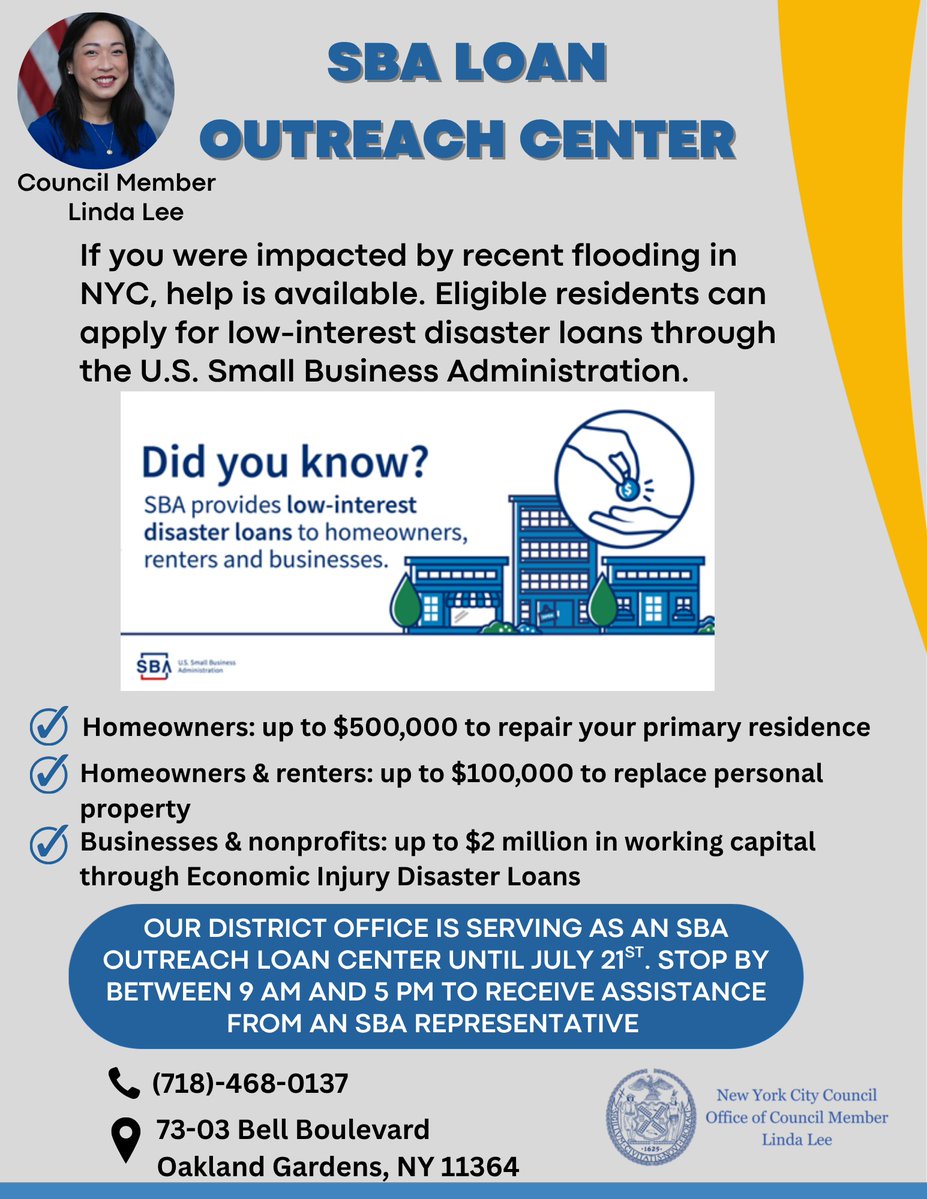 CMLindaLee's tweet photo. Our office is serving as an SBA Disaster Outreach site! If you are a District 23 resident affected by flooding, come to our office to meet with an SBA Representative to learn about eligibility for low-interest disaster loans! See the flyer to learn more. https://t.co/BaODgYQqD7 https://t.co/P5c9w7EKKr
