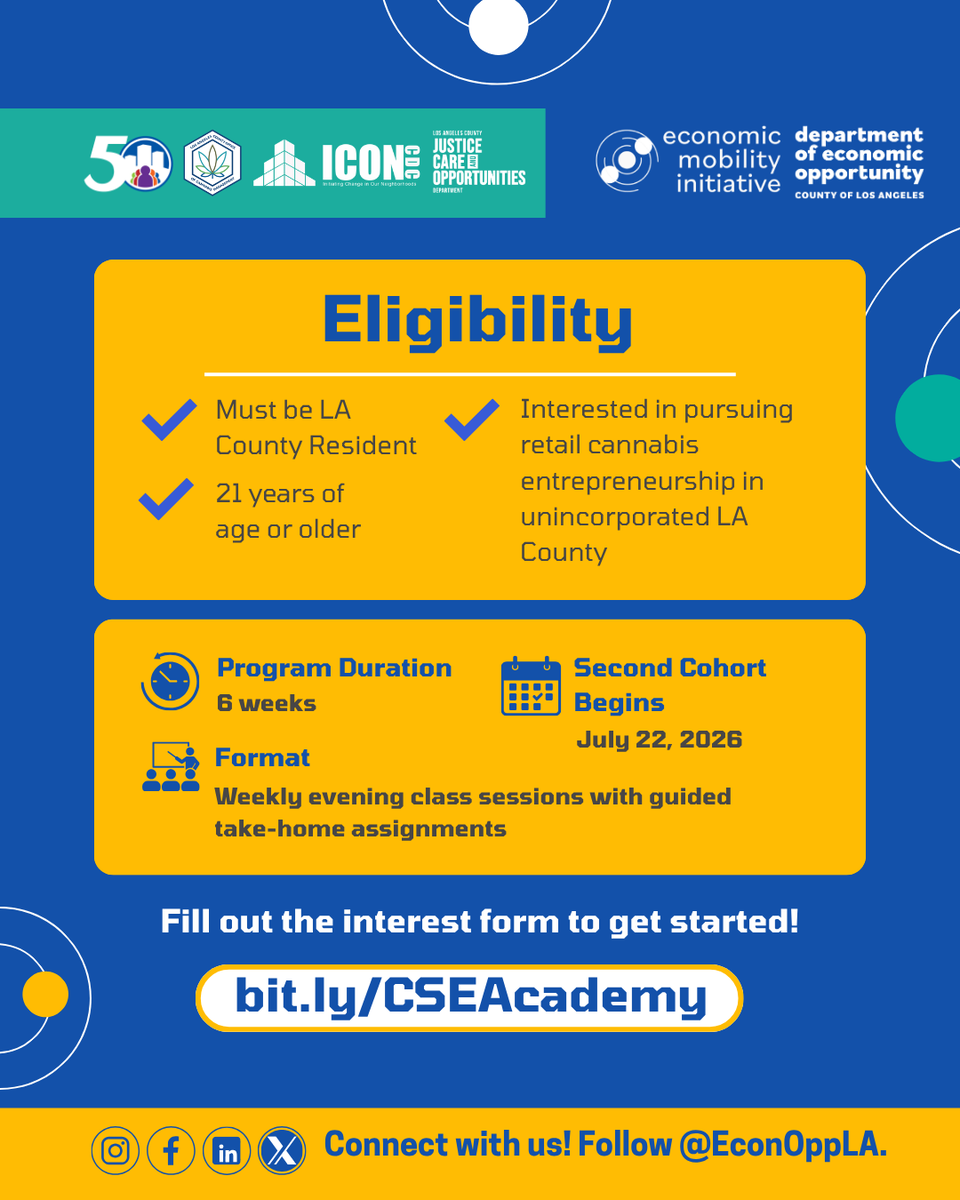 EconOppLA's tweet photo. ⏰ Deadline Extended! Apply by July 21 for Cohort 2 of the Cannabis Social Equity Entrepreneurship Academy (CSEEA). 

📅 Application Deadline: July 21, 2026 
🚀 Cohort 2 Begins: July 22, 2026 

📲 Learn more and apply: https://t.co/5Q4hwgTrFG https://t.co/ENgW1QvtZb