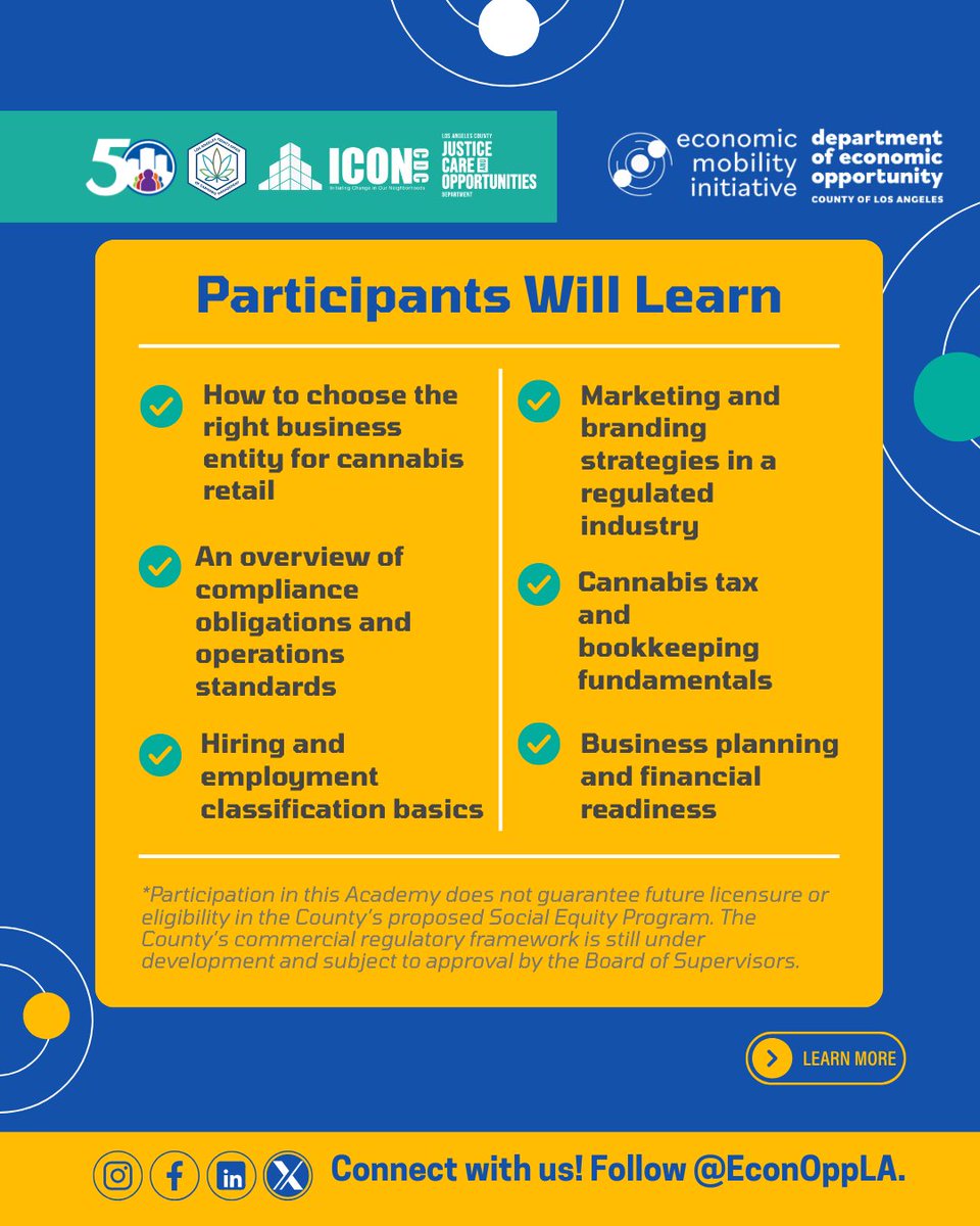 EconOppLA's tweet photo. ⏰ Deadline Extended! Apply by July 21 for Cohort 2 of the Cannabis Social Equity Entrepreneurship Academy (CSEEA). 

📅 Application Deadline: July 21, 2026 
🚀 Cohort 2 Begins: July 22, 2026 

📲 Learn more and apply: https://t.co/5Q4hwgTrFG https://t.co/ENgW1QvtZb